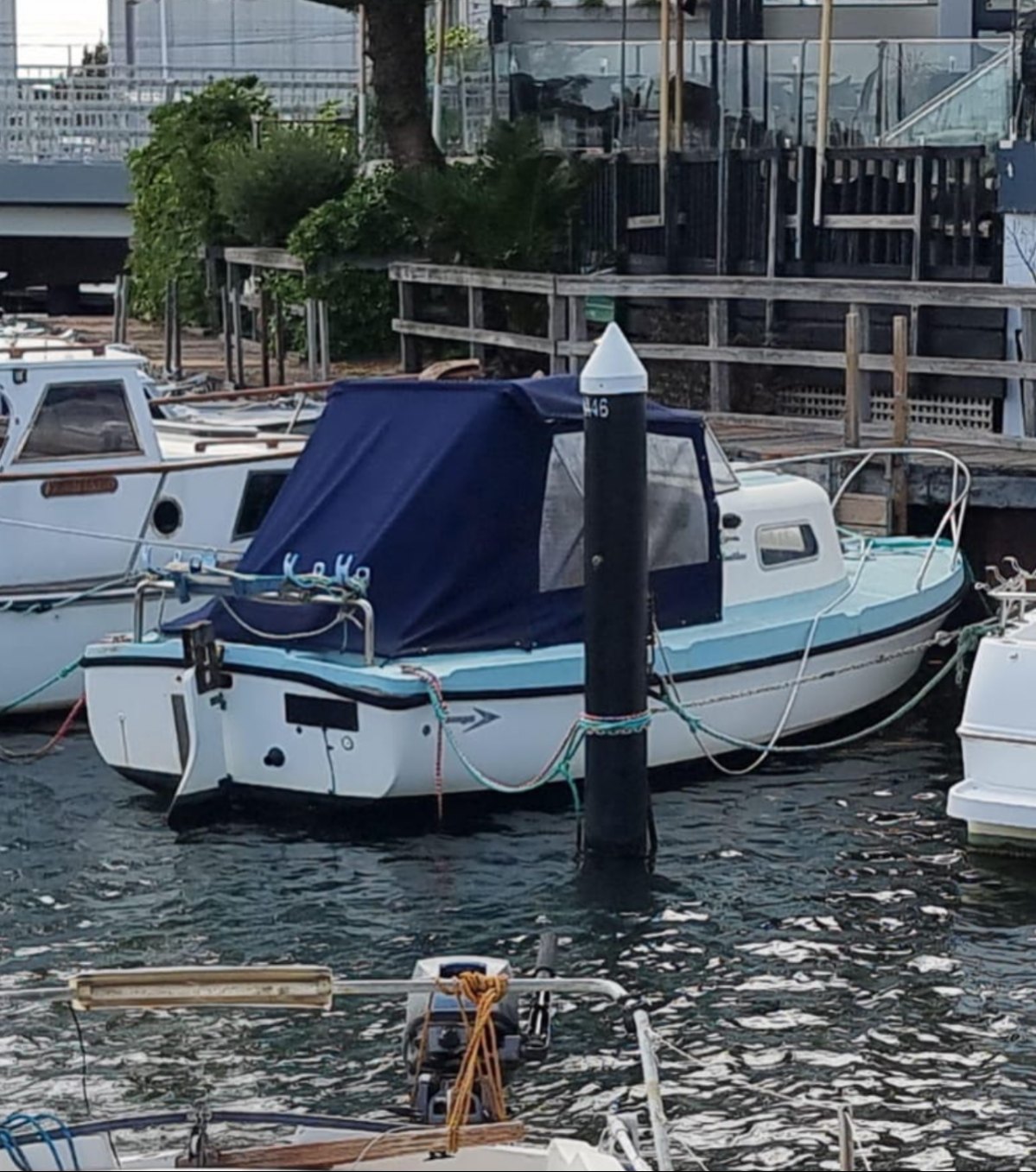 The angling section's boat moored on the bay