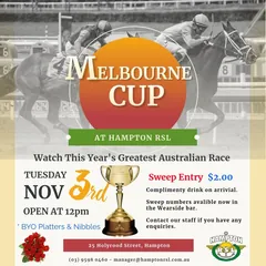 Melbourne Cup at Hampton RSL, Tuesday 3 November, open from 12pm